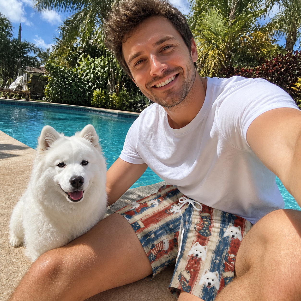 Selfie with the pet whose face is printed all over this Men's Christmas Cuffs Custom Dog Face Beach Shorts