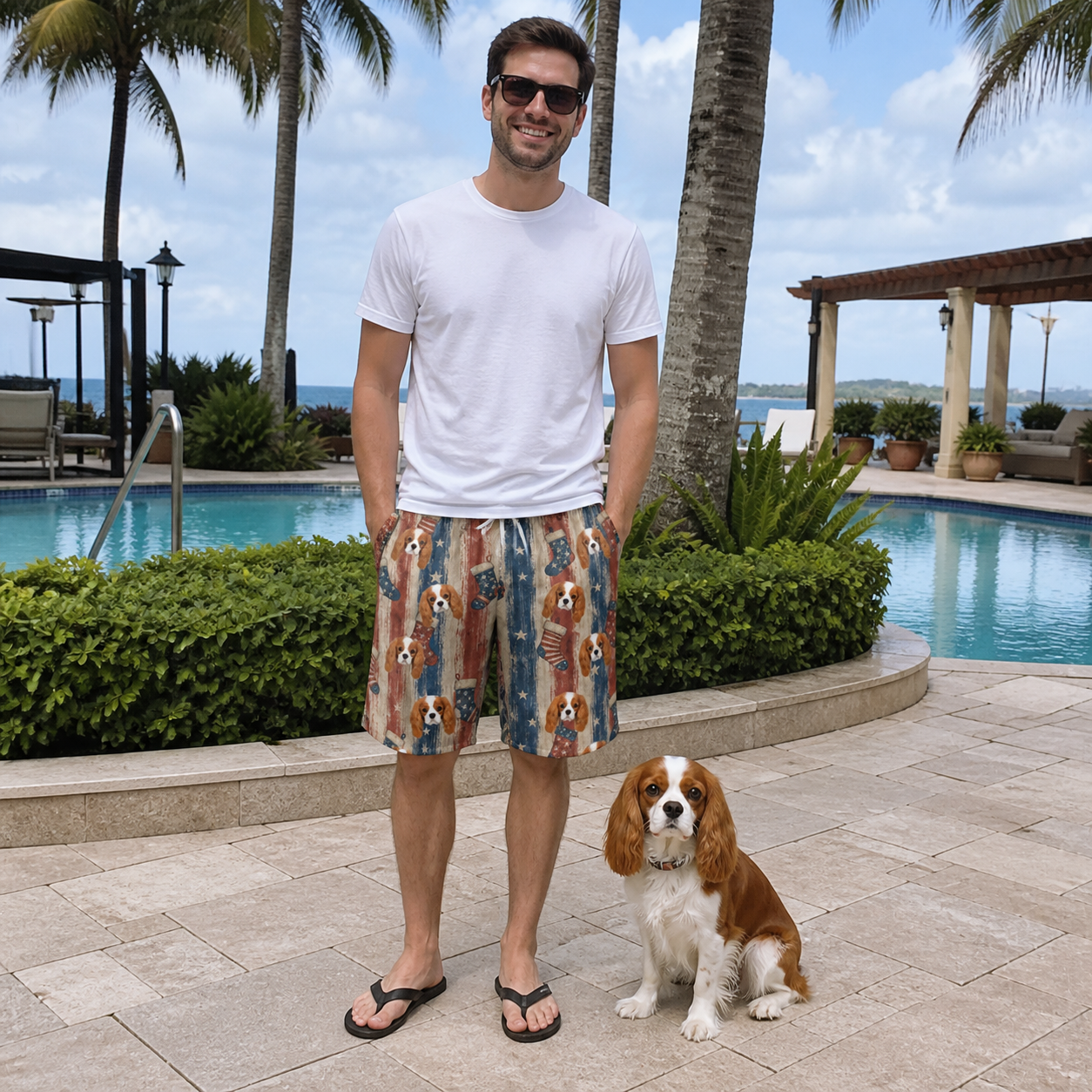 Full-length photo with the pet printed all over this Men's Christmas Cuffs Custom Dog Face Beach Shorts
