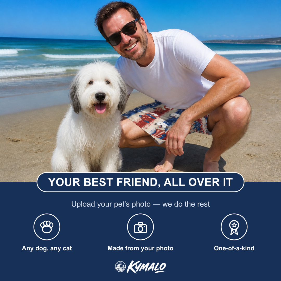 Friends in matching Men's Christmas Cuffs Custom Dog Face Beach Shorts — a group gift photo
