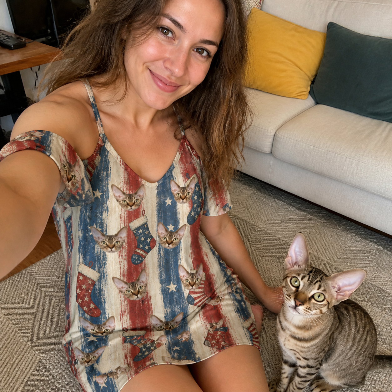 Selfie with the pet whose face is printed all over this Women's Christmas Cuffs Custom Cat Face Off-Shoulder Dress