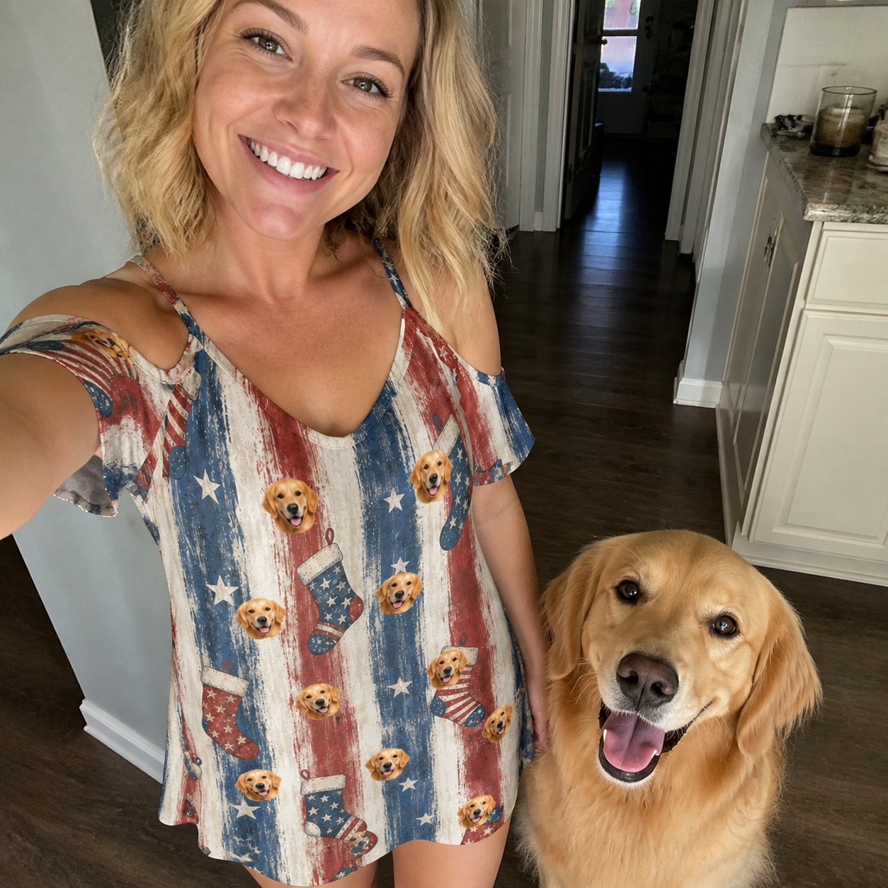 Selfie with the pet whose face is printed all over this Women's Christmas Cuffs Custom Dog Face Off-Shoulder Dress