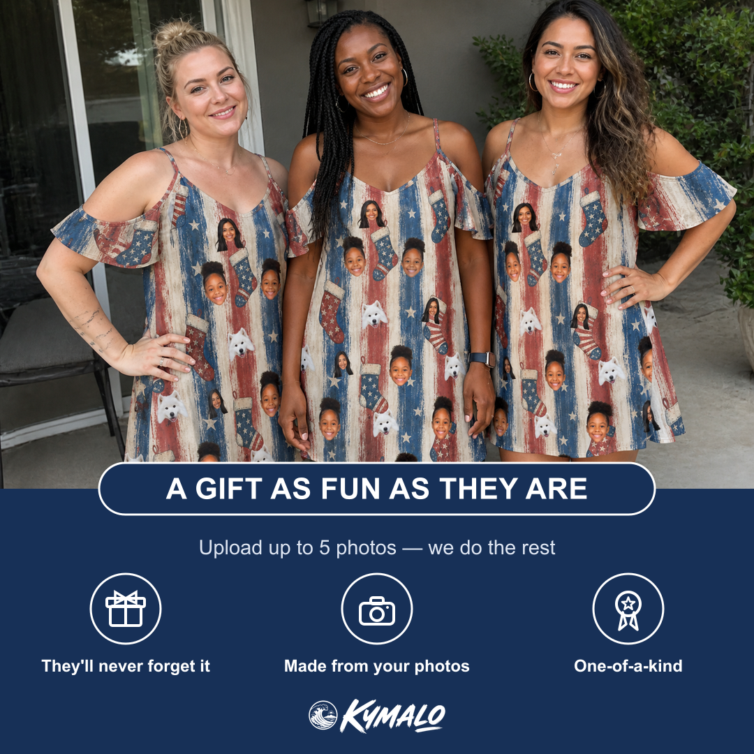 Friends in matching Women's Christmas Cuffs Custom Face Off-Shoulder Dress — a group gift photo