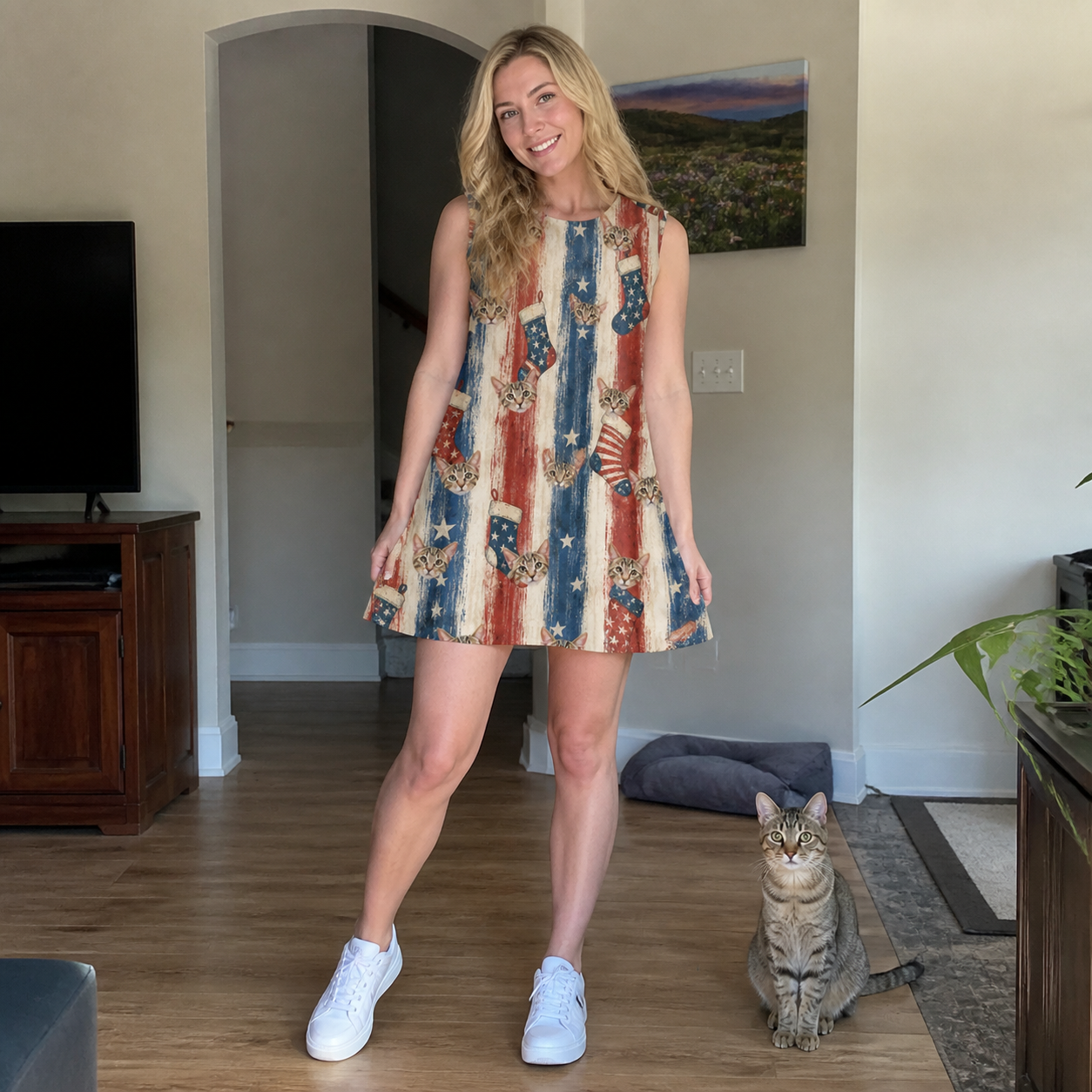 Full-length photo with the pet printed all over this Women's Christmas Cuffs Custom Cat Face Tank Dress