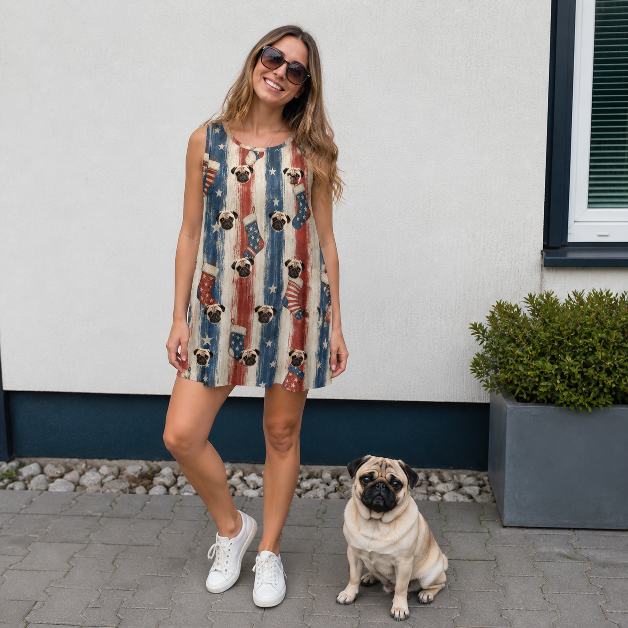 Full-length photo with the pet printed all over this Women's Christmas Cuffs Custom Dog Face Tank Dress