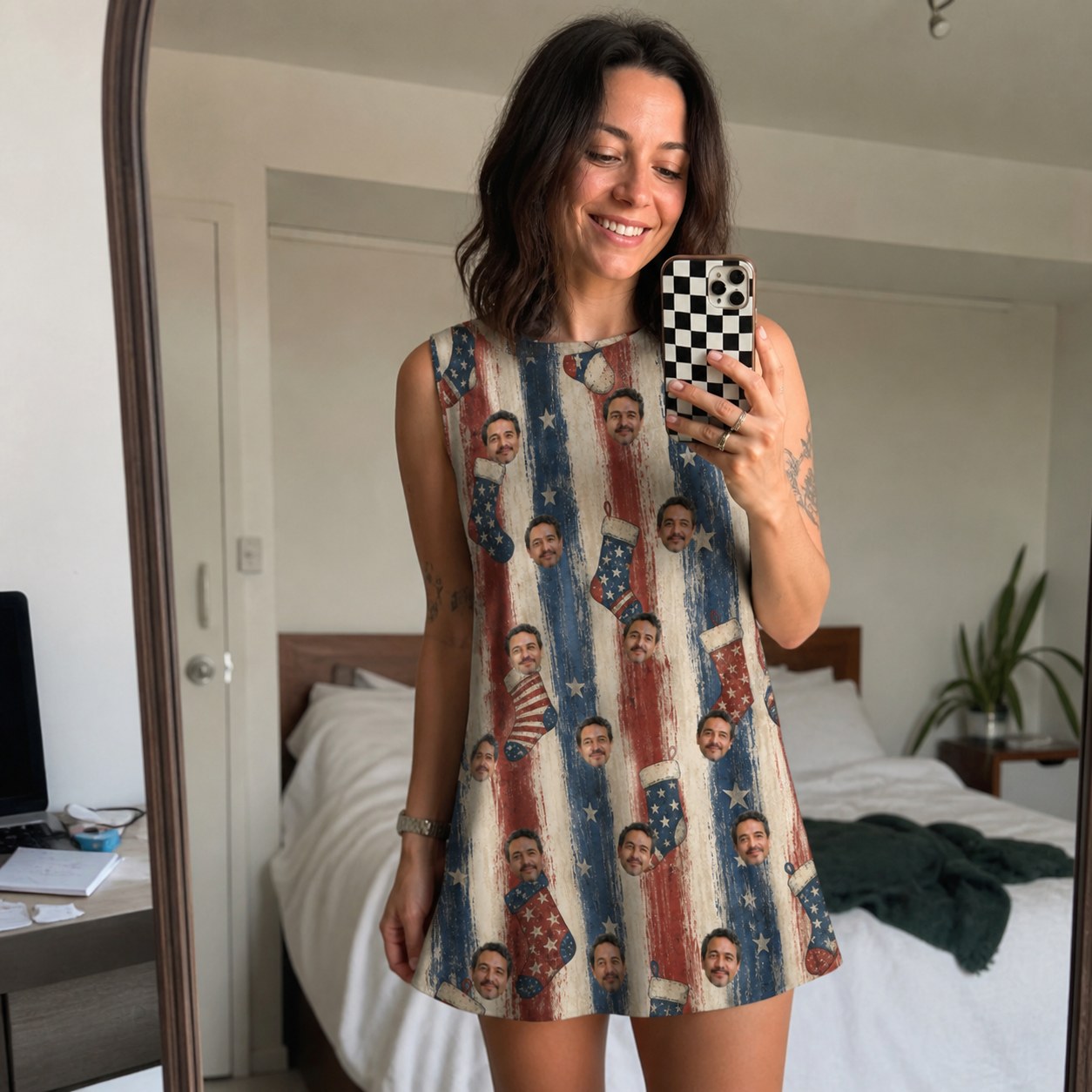 Real-life photo of someone wearing Women's Christmas Cuffs Custom Face Tank Dress — custom faces printed all-over
