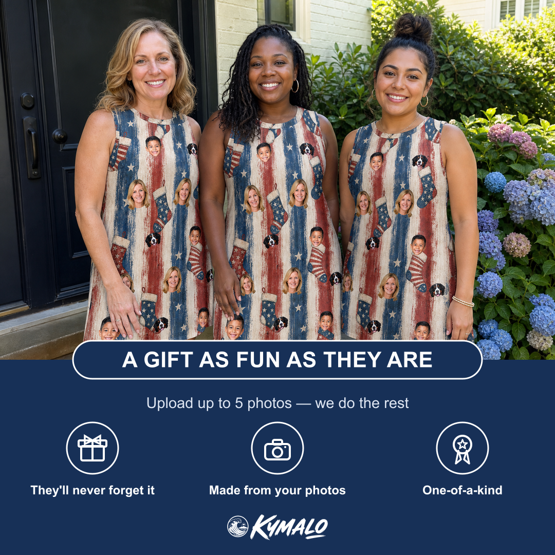 Friends in matching Women's Christmas Cuffs Custom Face Tank Dress — a group gift photo