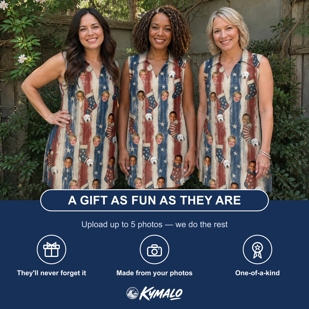 Friends in matching Women's Christmas Cuffs Custom Face V-Neck Dress — a group gift photo