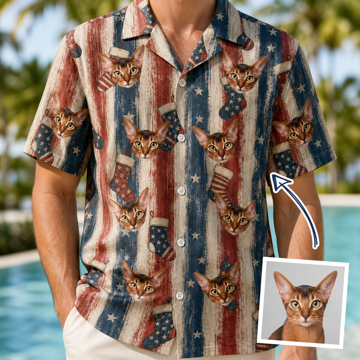 Man wearing Men's Christmas Cuffs Custom Cat Face Hawaiian Shirt — custom faces printed all-over
