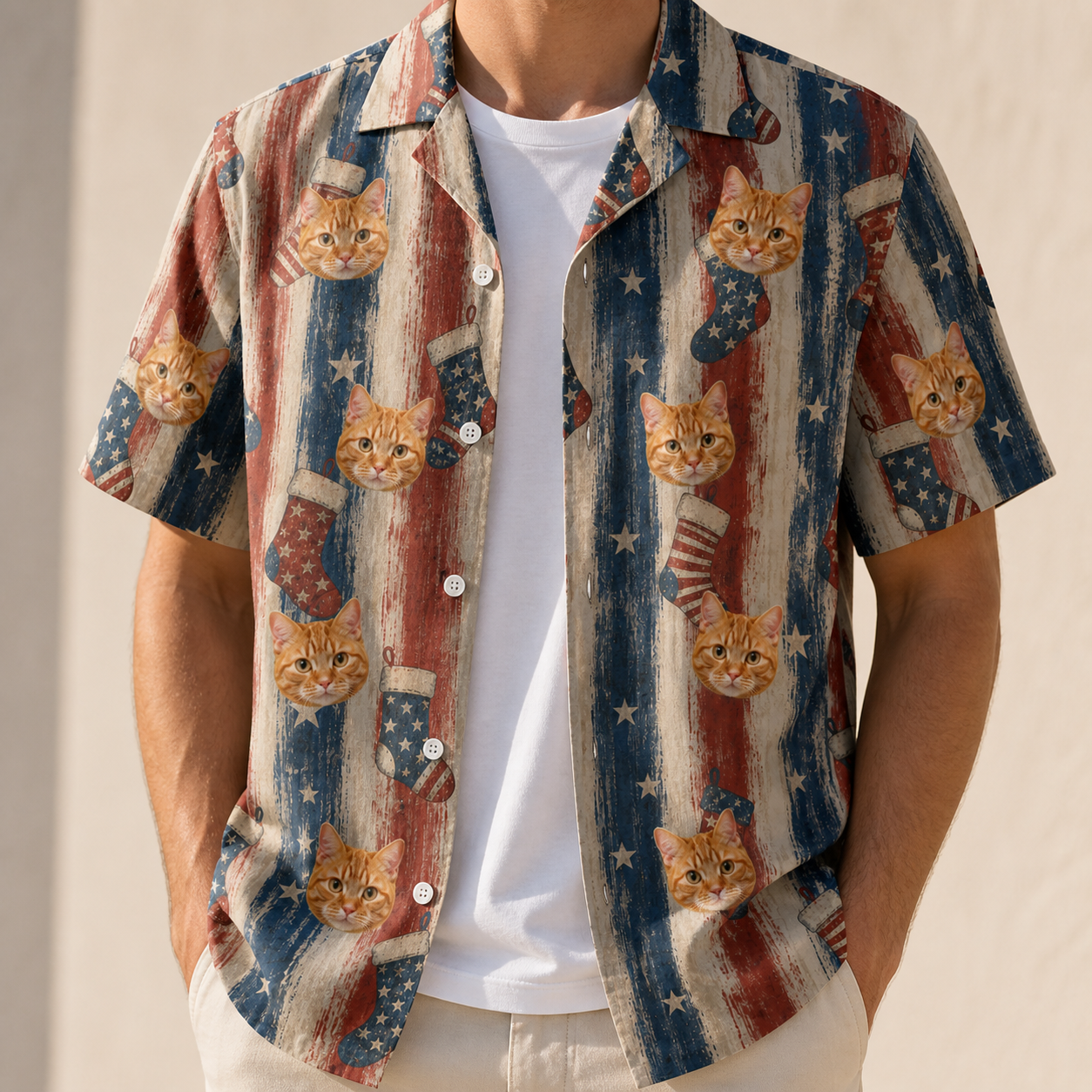 Man wearing Men's Christmas Cuffs Custom Cat Face Hawaiian Shirt open over a white tee