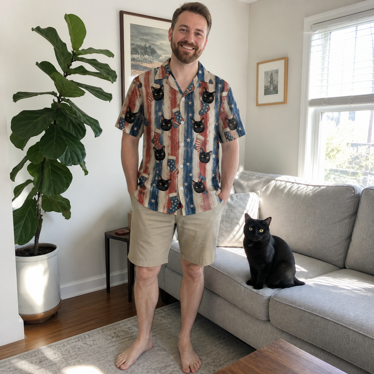 Full-length photo with the pet printed all over this Men's Christmas Cuffs Custom Cat Face Hawaiian Shirt