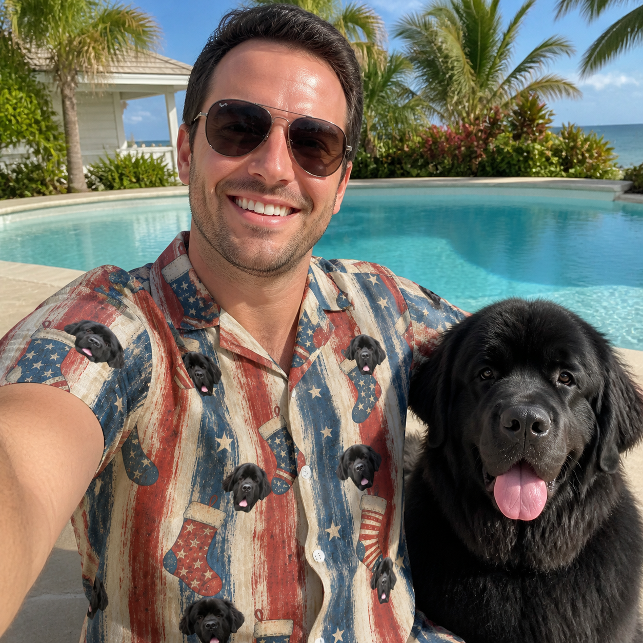 Selfie with the pet whose face is printed all over this Men's Christmas Cuffs Custom Dog Face Hawaiian Shirt