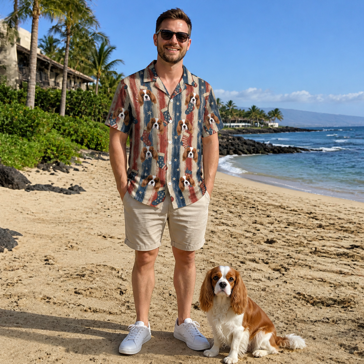 Full-length photo with the pet printed all over this Men's Christmas Cuffs Custom Dog Face Hawaiian Shirt