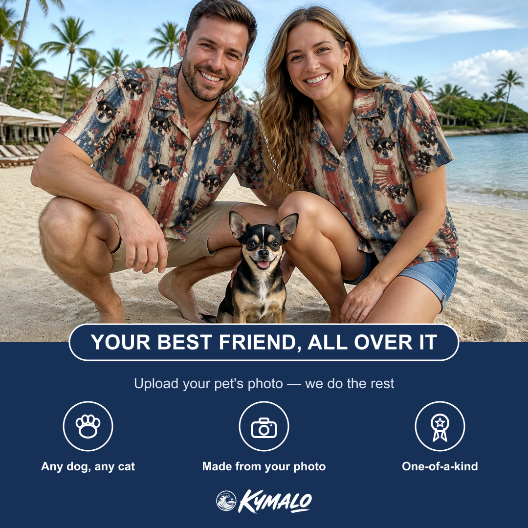 Friends in matching Men's Christmas Cuffs Custom Dog Face Hawaiian Shirt — a group gift photo