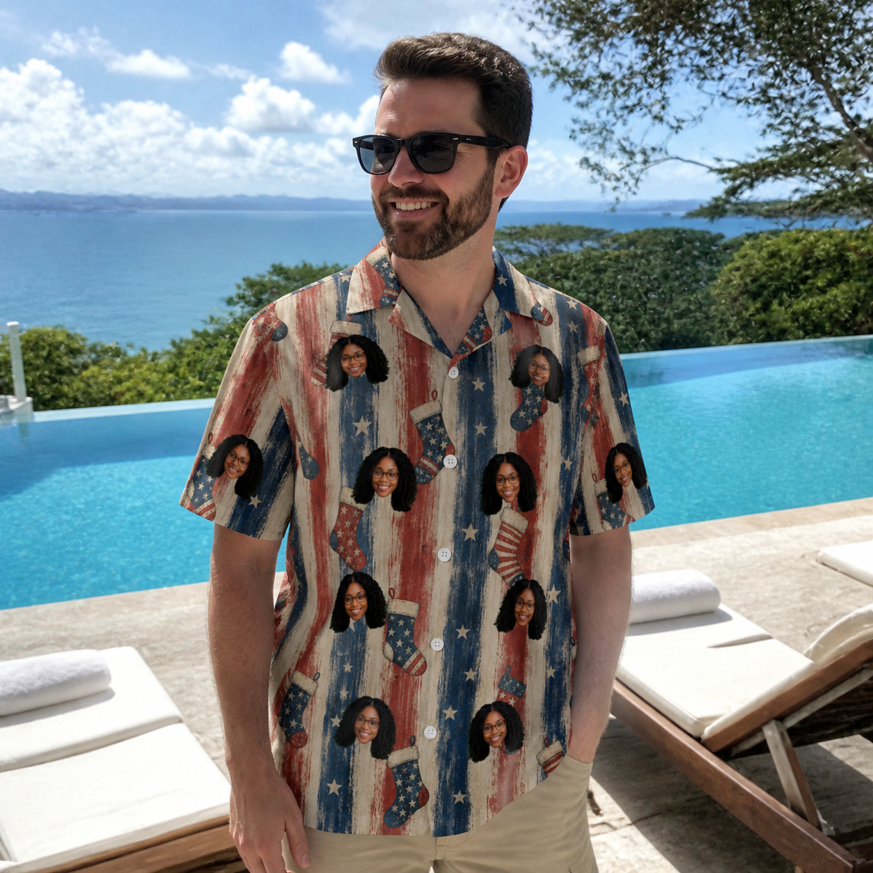 Real-life photo of someone wearing Men's Christmas Cuffs Custom Face Hawaiian Shirt — custom faces printed all-over