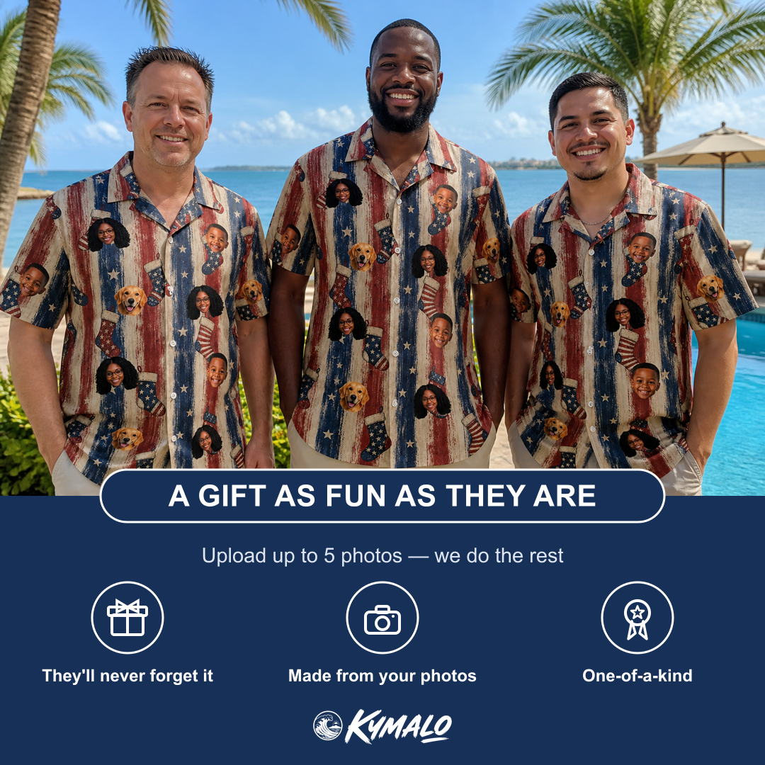 Friends in matching Men's Christmas Cuffs Custom Face Hawaiian Shirt — a group gift photo