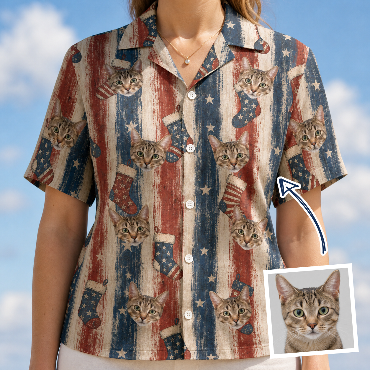 Woman wearing Women's Christmas Cuffs Custom Cat Face Hawaiian Shirt — custom faces printed all-over