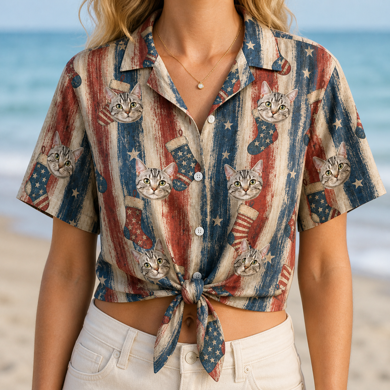 Woman wearing Women's Christmas Cuffs Custom Cat Face Hawaiian Shirt tied at the waist