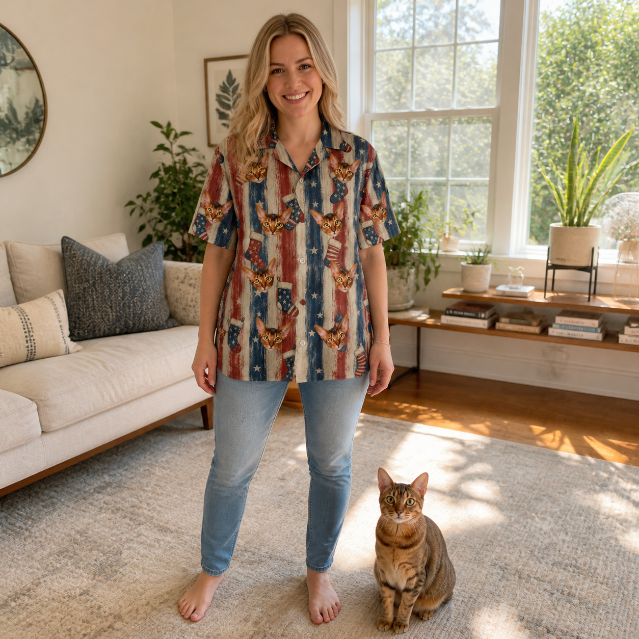 Full-length photo with the pet printed all over this Women's Christmas Cuffs Custom Cat Face Hawaiian Shirt