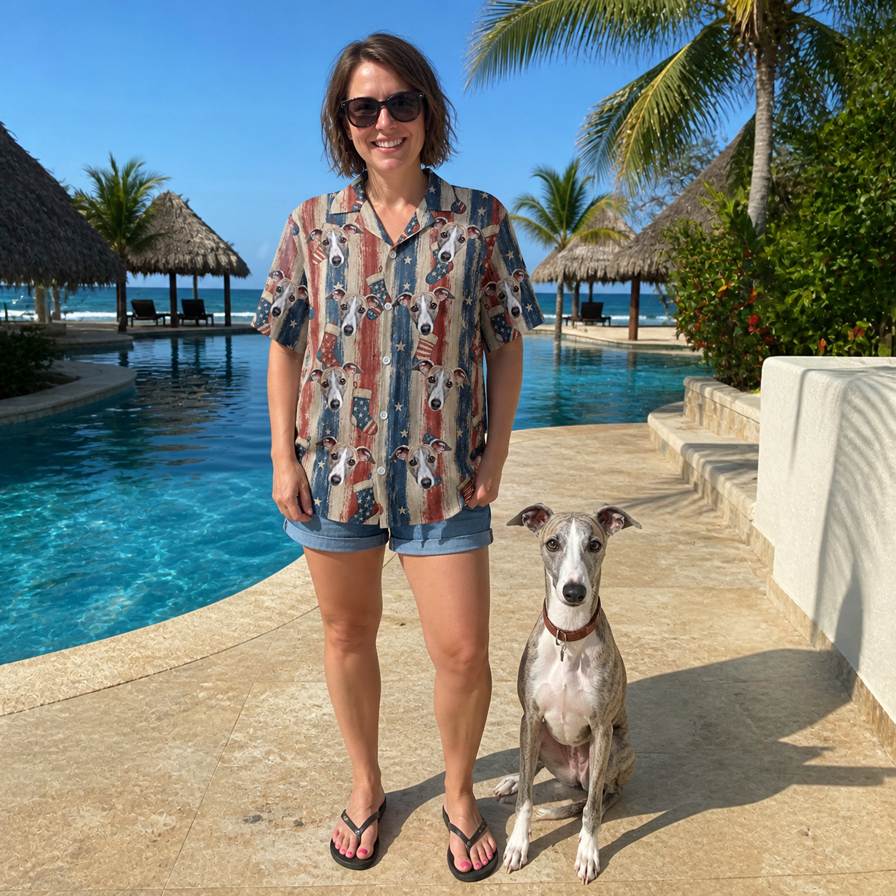 Full-length photo with the pet printed all over this Women's Christmas Cuffs Custom Dog Face Hawaiian Shirt