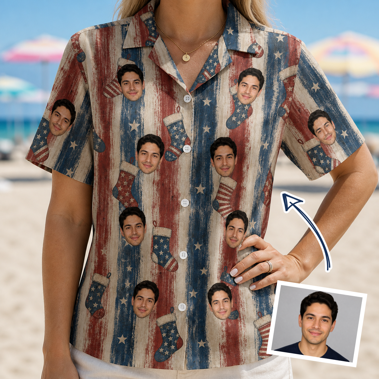 Woman wearing Women's Christmas Cuffs Custom Face Hawaiian Shirt — custom faces printed all-over