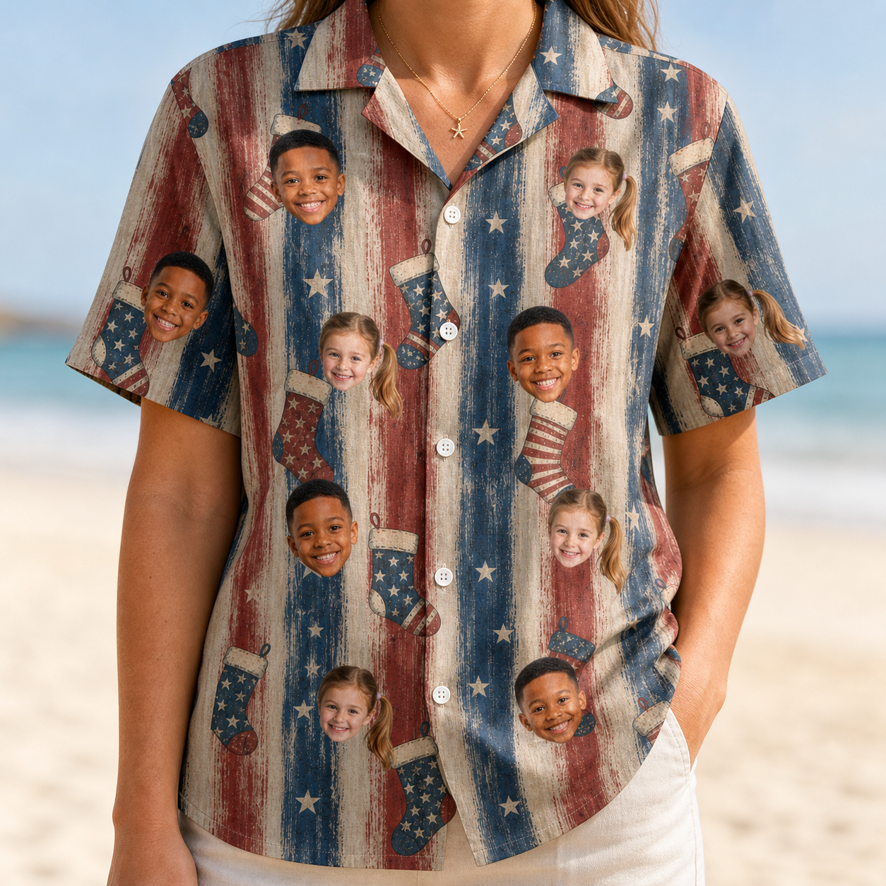 Model wearing Women's Christmas Cuffs Custom Face Hawaiian Shirt printed with kids' faces
