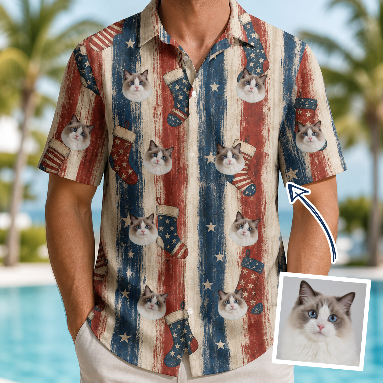 Man wearing Men's Christmas Cuffs Custom Cat Face Polo Shirt — custom faces printed all-over