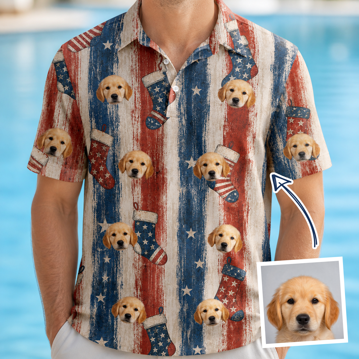 Man wearing Men's Christmas Cuffs Custom Dog Face Polo Shirt — custom faces printed all-over