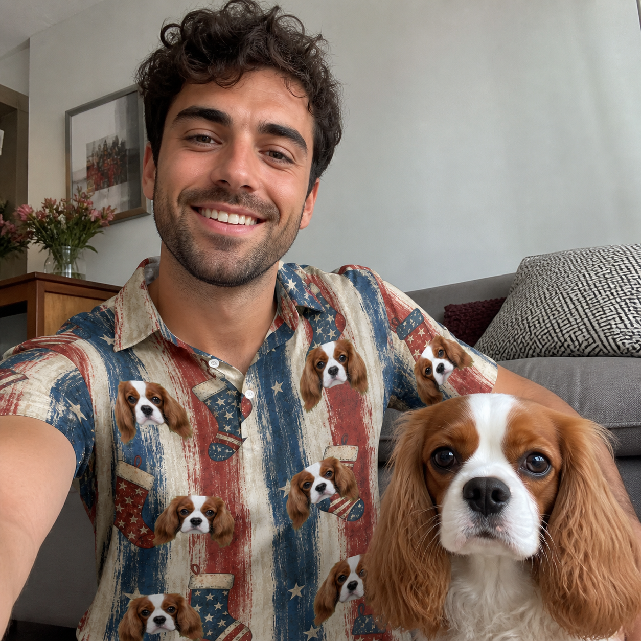 Selfie with the pet whose face is printed all over this Men's Christmas Cuffs Custom Dog Face Polo Shirt