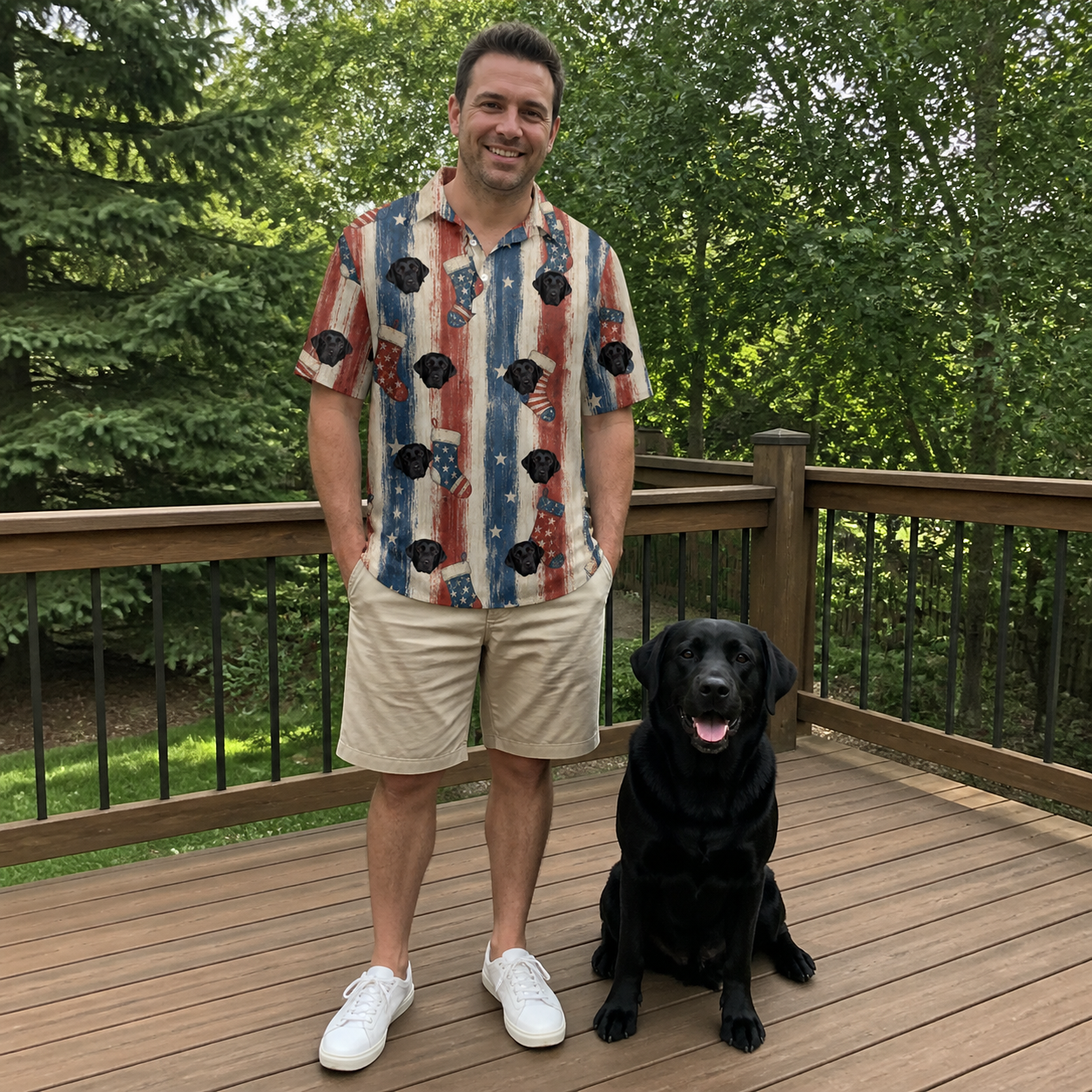 Full-length photo with the pet printed all over this Men's Christmas Cuffs Custom Dog Face Polo Shirt