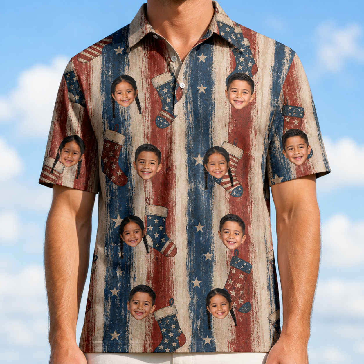 Model wearing Men's Christmas Cuffs Custom Face Polo Shirt printed with kids' faces