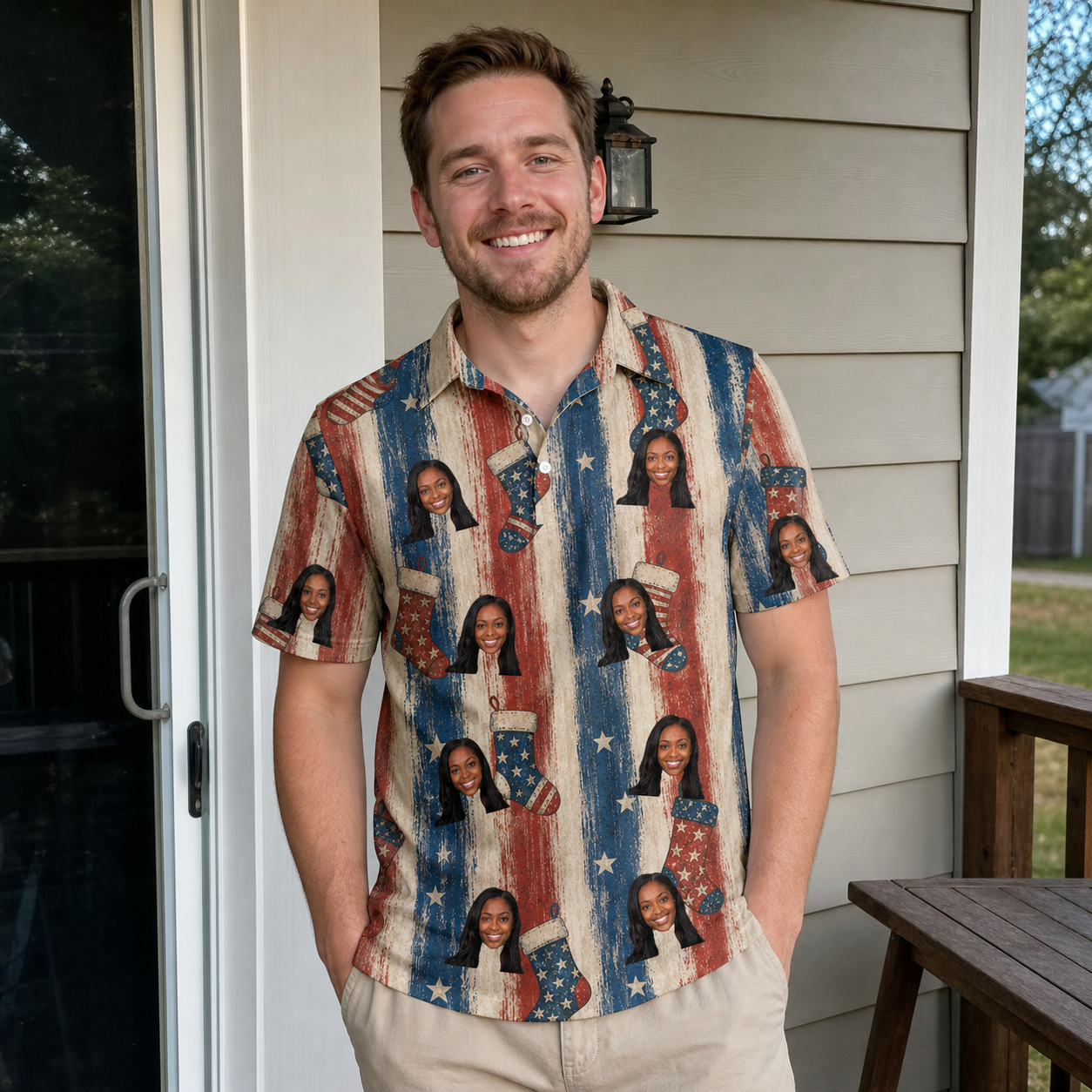 Real-life photo of someone wearing Men's Christmas Cuffs Custom Face Polo Shirt — custom faces printed all-over