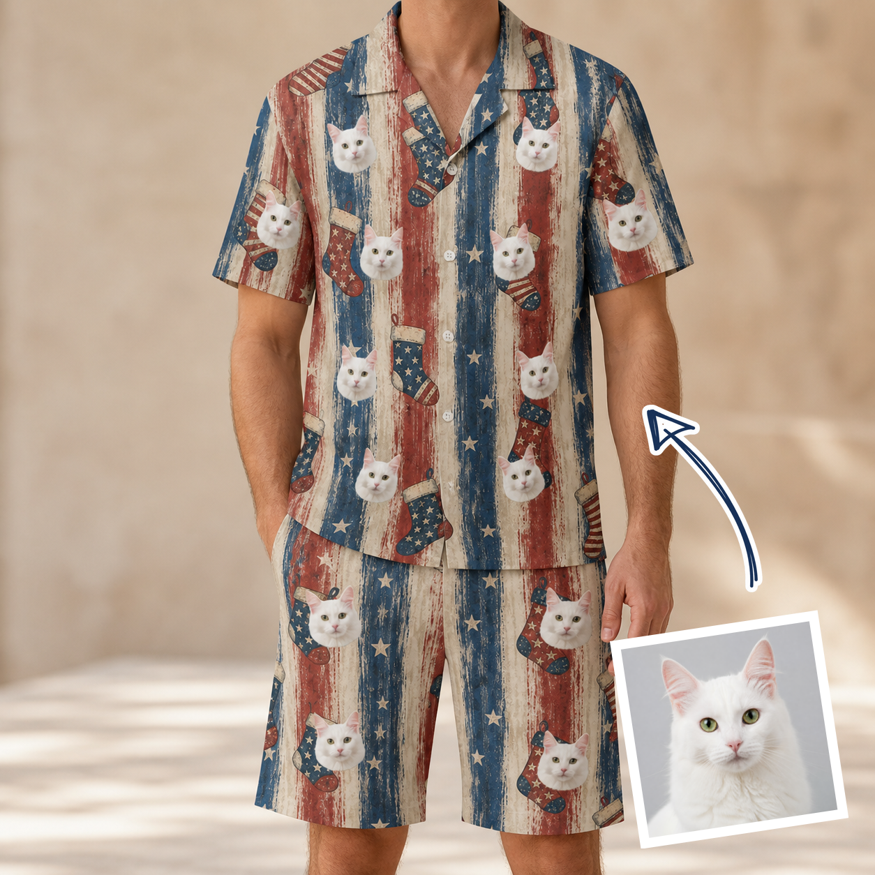 Man wearing Men's Christmas Cuffs Custom Cat Face Shirt & Shorts Set — custom faces printed all-over