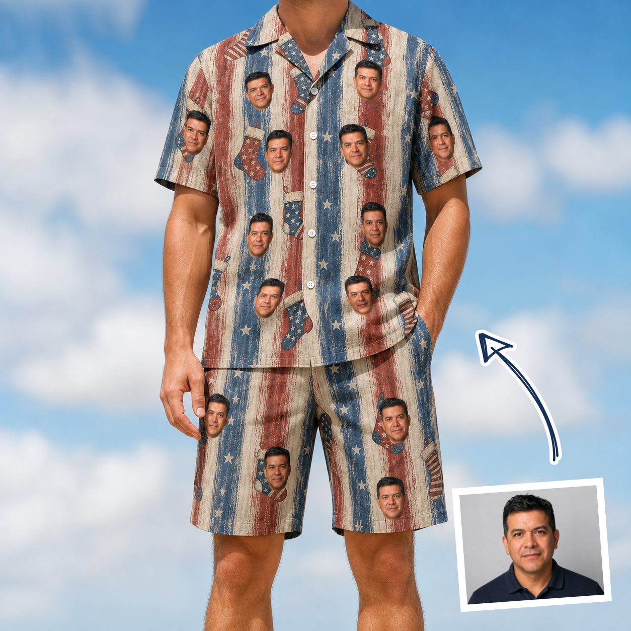 Man wearing Men's Christmas Cuffs Custom Face Shirt & Shorts Set — custom faces printed all-over