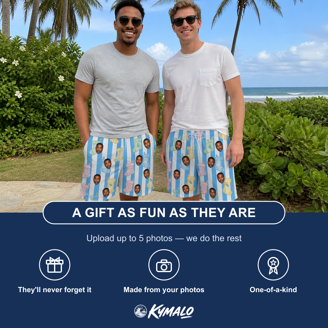 Friends in matching Men's Mantel Munchkins Custom Face Beach Shorts — a group gift photo