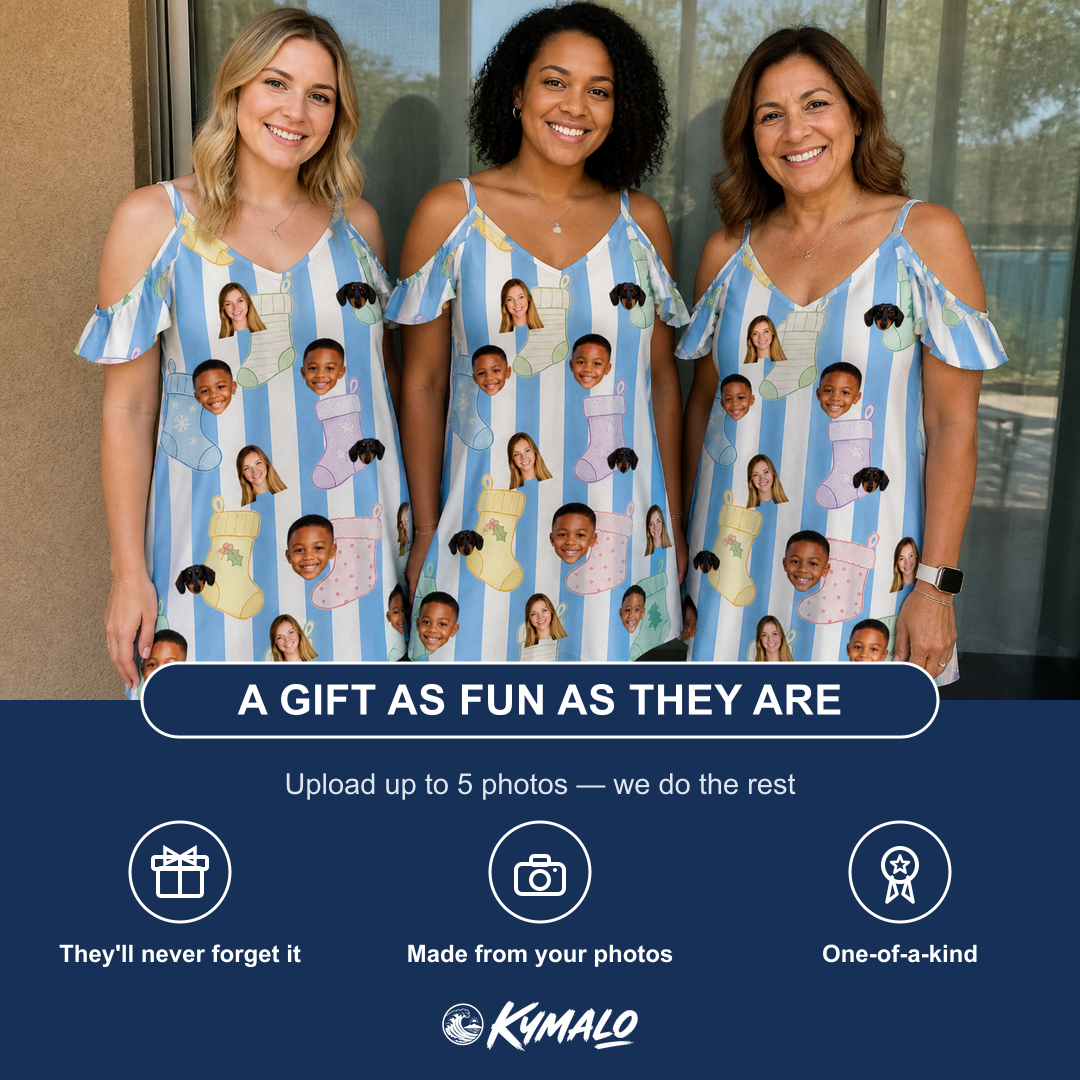 Friends in matching Women's Mantel Munchkins Custom Face Off-Shoulder Dress — a group gift photo