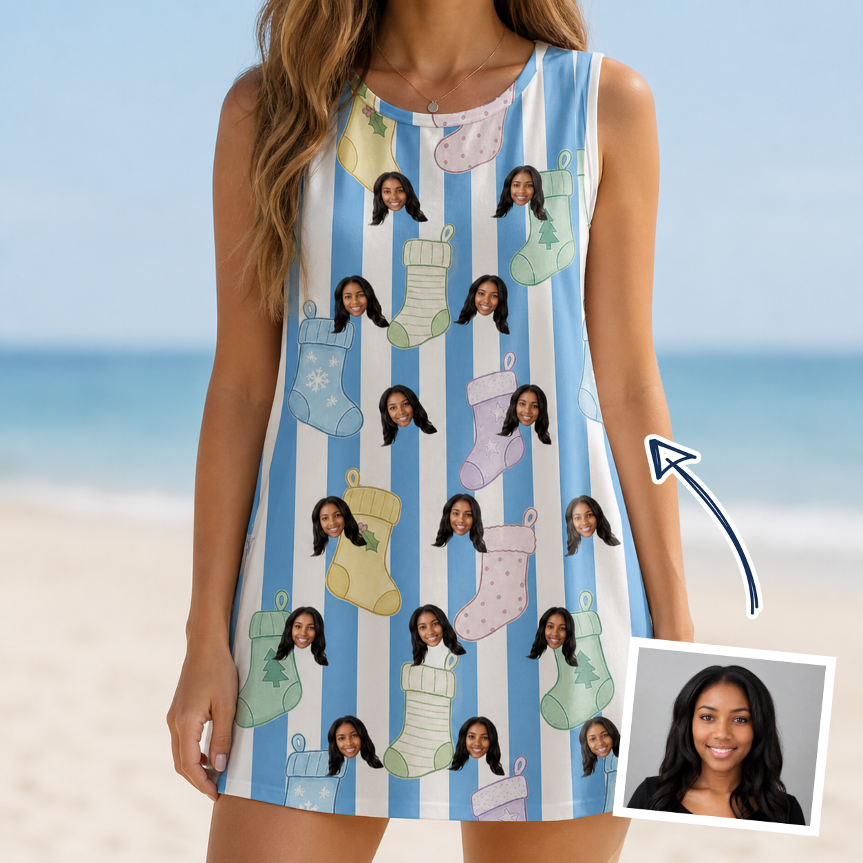 Woman wearing Women's Mantel Munchkins Custom Face Tank Dress — custom faces printed all-over