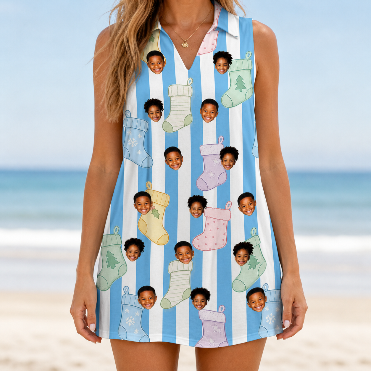 Model wearing Women's Mantel Munchkins Custom Face V-Neck Dress printed with kids' faces