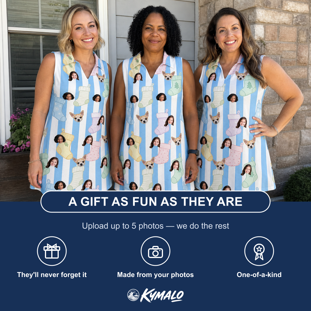 Friends in matching Women's Mantel Munchkins Custom Face V-Neck Dress — a group gift photo