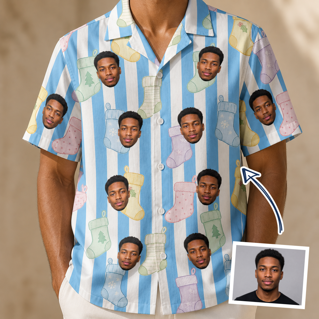 Man wearing Men's Mantel Munchkins Custom Face Hawaiian Shirt — custom faces printed all-over