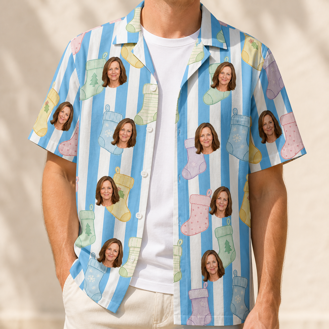 Man wearing Men's Mantel Munchkins Custom Face Hawaiian Shirt open over a white tee