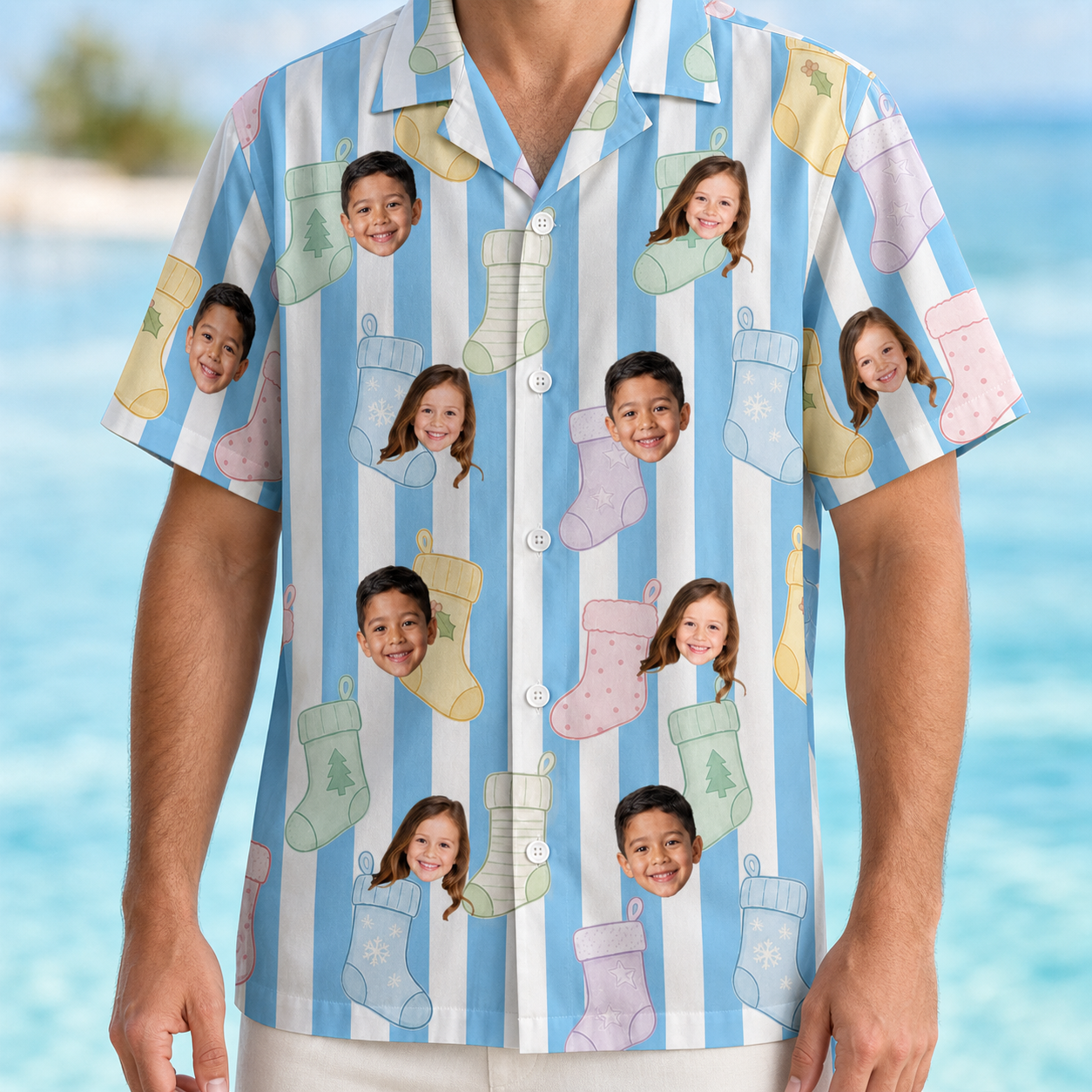 Model wearing Men's Mantel Munchkins Custom Face Hawaiian Shirt printed with kids' faces