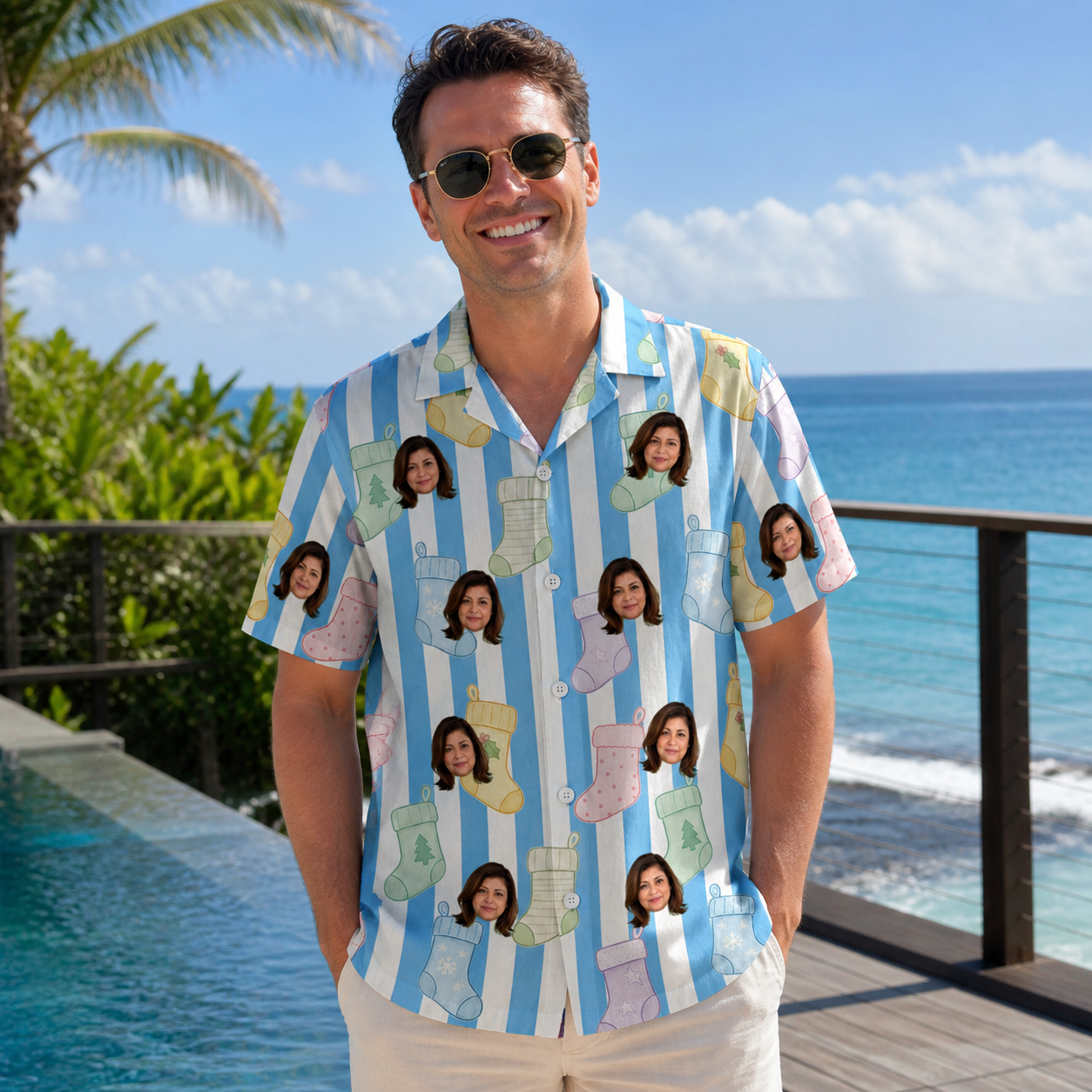 Real-life photo of someone wearing Men's Mantel Munchkins Custom Face Hawaiian Shirt — custom faces printed all-over