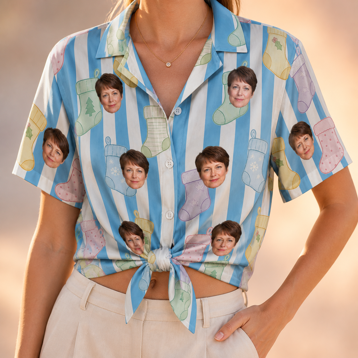 Woman wearing Women's Mantel Munchkins Custom Face Hawaiian Shirt tied at the waist