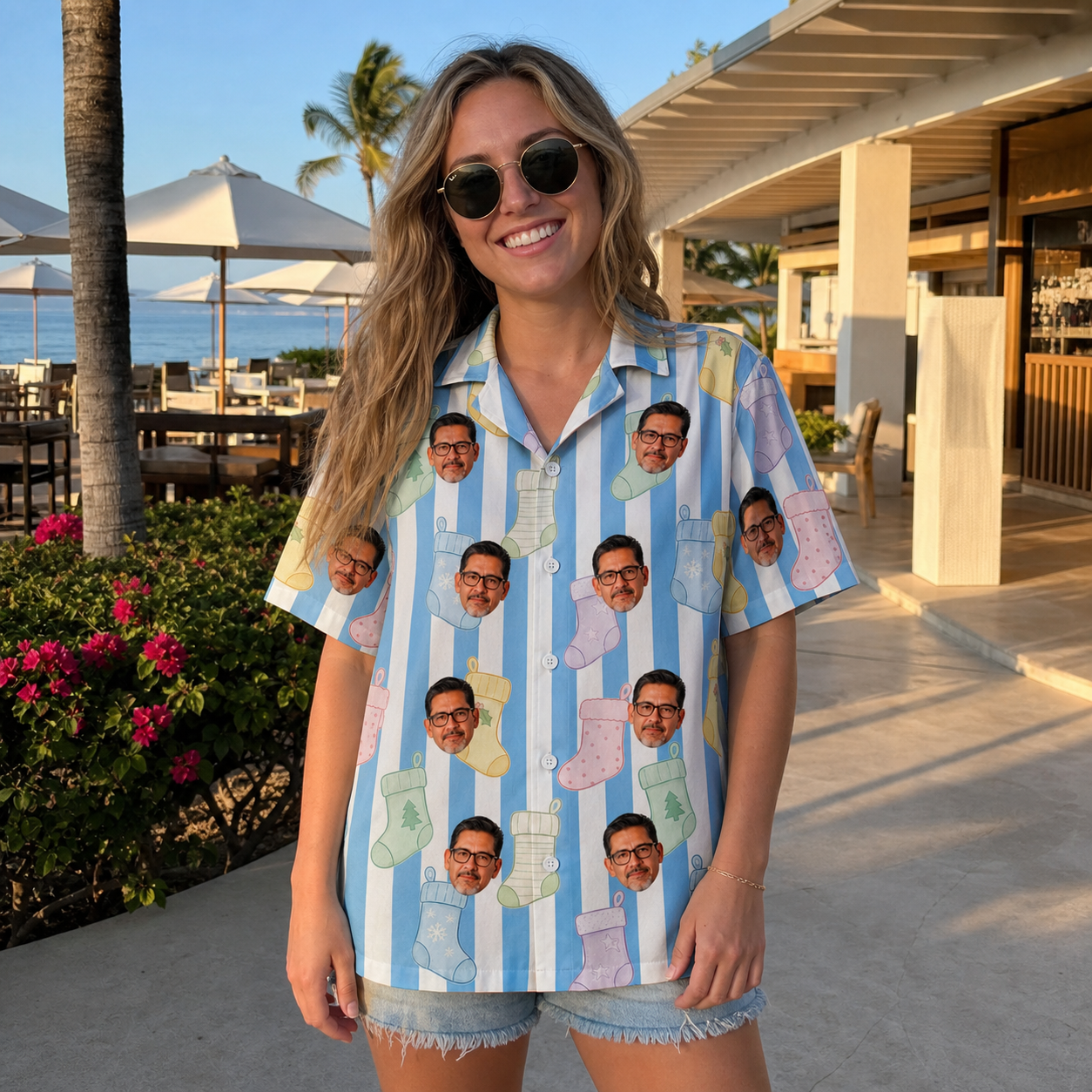 Real-life photo of someone wearing Women's Mantel Munchkins Custom Face Hawaiian Shirt — custom faces printed all-over