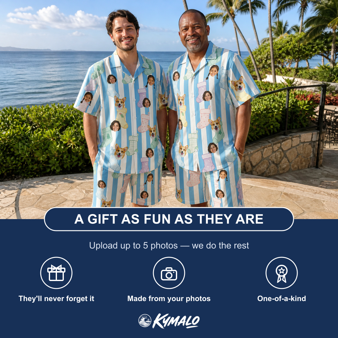 Friends in matching Men's Mantel Munchkins Custom Face Shirt & Shorts Set — a group gift photo