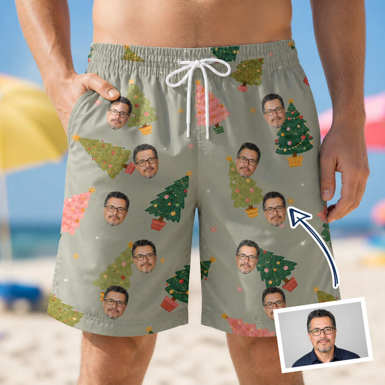 Man wearing Men's Trimmed Tannenbaums Custom Face Beach Shorts — custom faces printed all-over