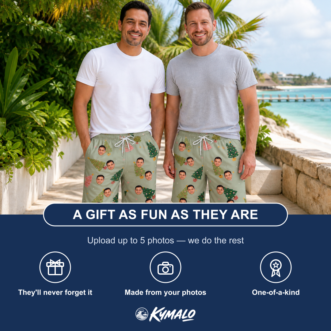Friends in matching Men's Trimmed Tannenbaums Custom Face Beach Shorts — a group gift photo