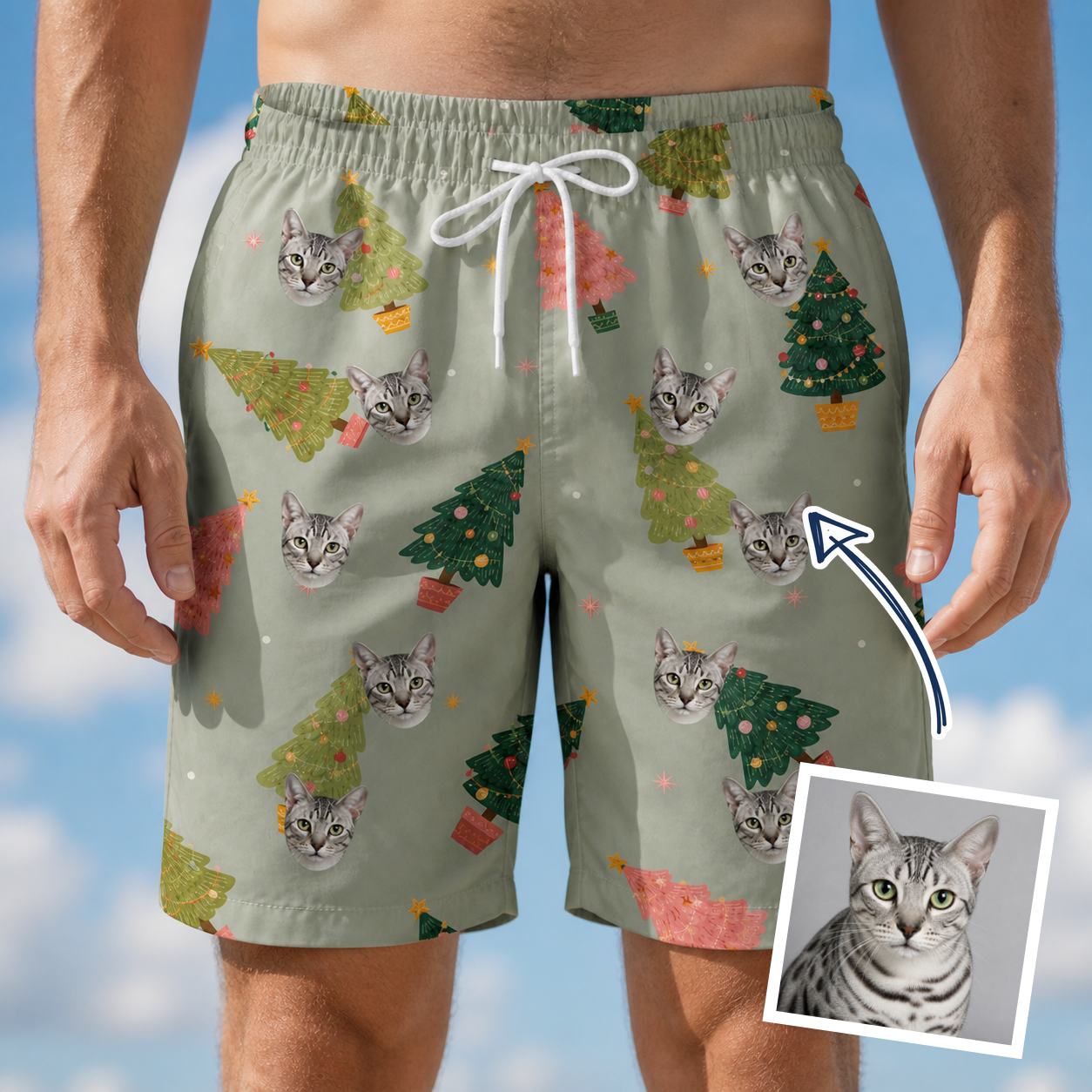 Man wearing Men's Trimmed Tannenbaums Custom Cat Face Beach Shorts — custom faces printed all-over