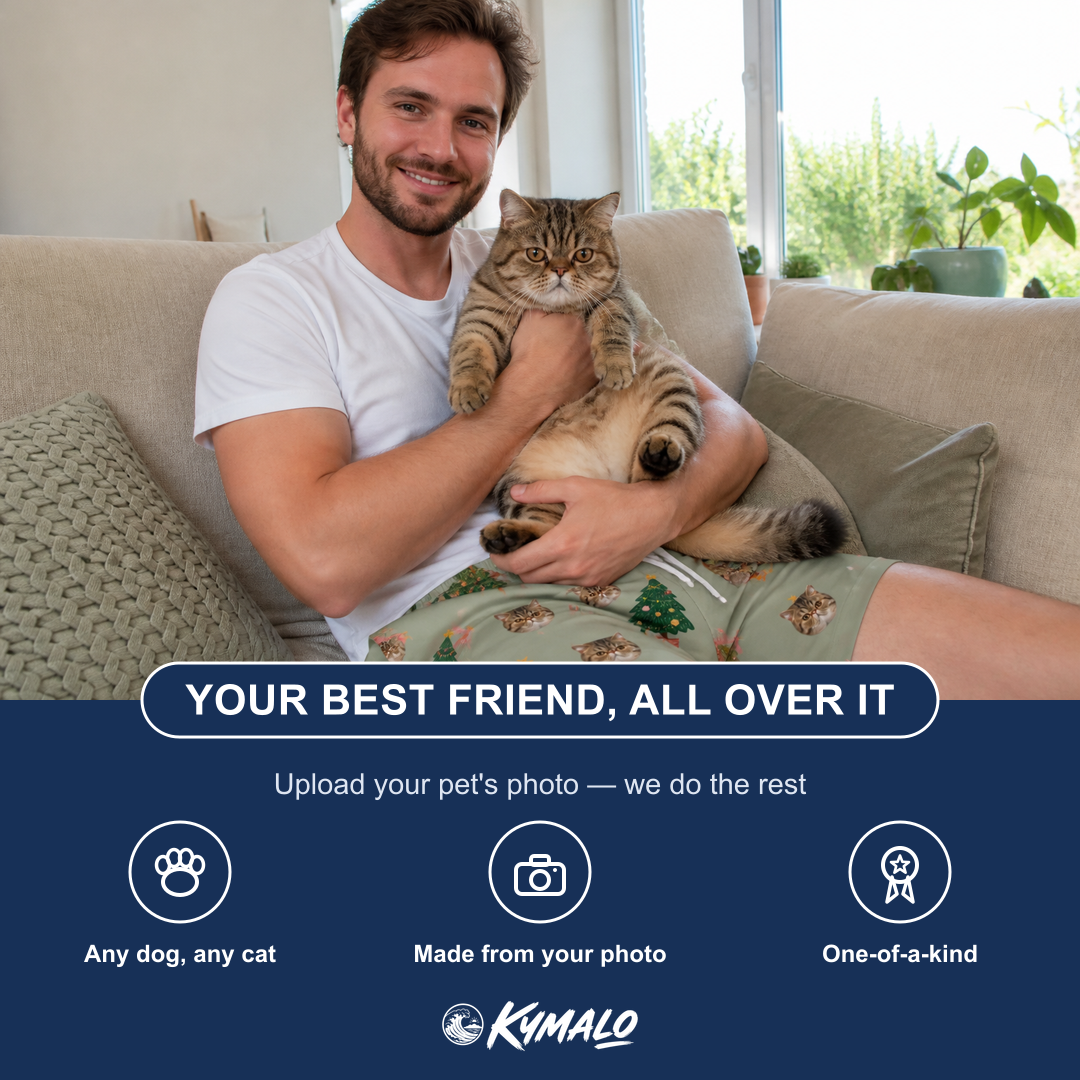 Friends in matching Men's Trimmed Tannenbaums Custom Cat Face Beach Shorts — a group gift photo