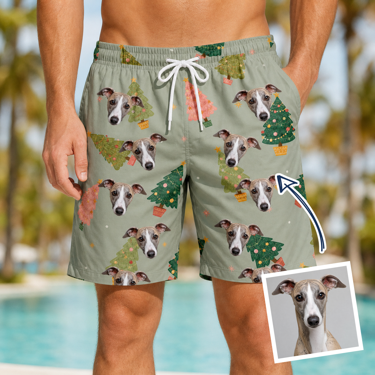 Man wearing Men's Trimmed Tannenbaums Custom Dog Face Beach Shorts — custom faces printed all-over
